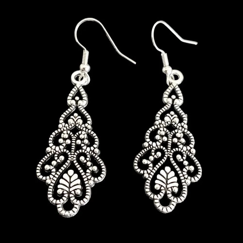 Silver Filigree Chandelier Scroll Earrings - 2” Long Drop in Silver Tone